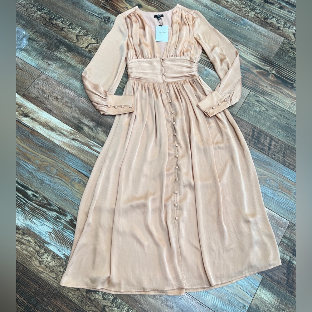 NWT Shein Premium Khaki Empire Waist Flowy Dress Long Sleeve Size XS